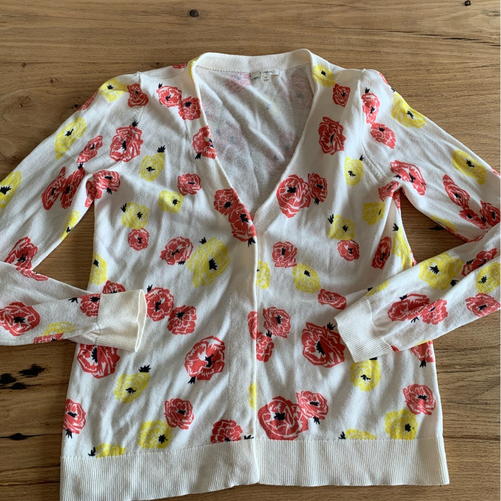 Caslon Vneck Floral Cardigan Sweater Orange Yellow White Women’s Medium‎ Prelove